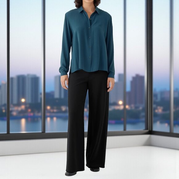 NWT Eileen Fisher Silk Georgette Crepe Classic Collar Shirt in Pacific Small - Picture 1 of 7